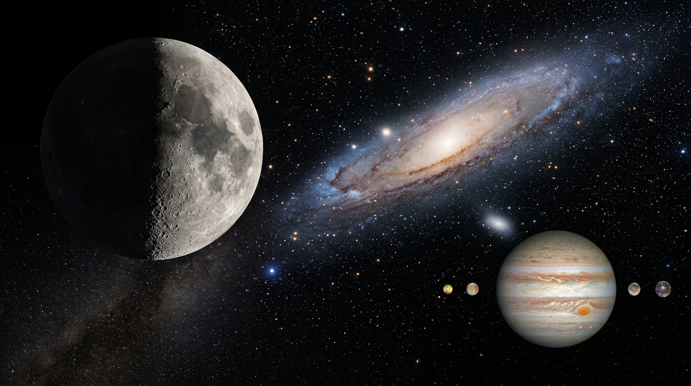 Astrofotografie Collage: Mond-Terminator, Jupiter mit Monden und Andromeda-Galaxie