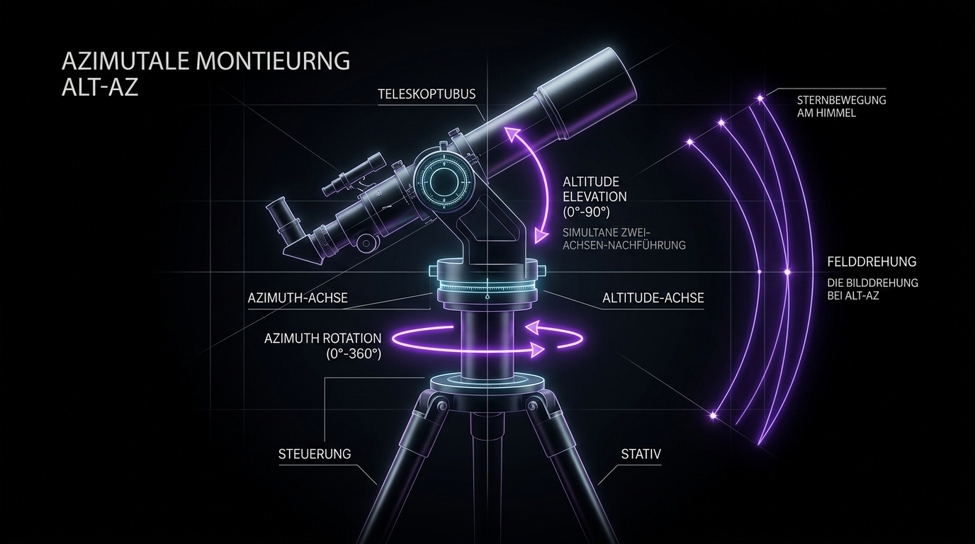 Technisches Diagramm der azimutalen Montierung mit Azimut- und Höhenachse