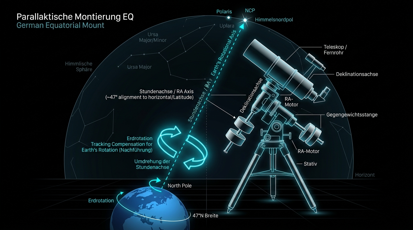 Technisches Diagramm der parallaktischen Montierung mit Stundenachse und Polausrichtung