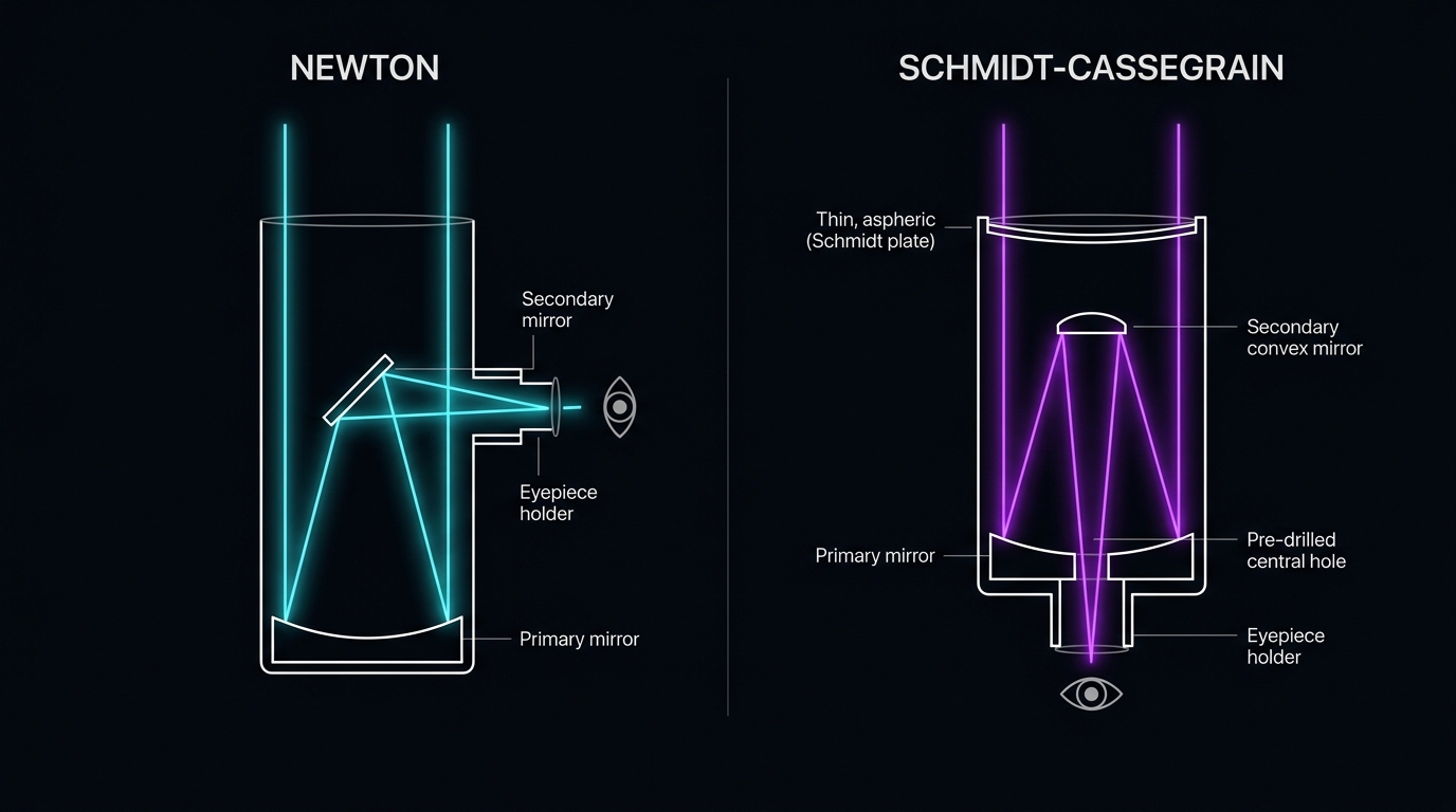Optisches Vergleichsdiagramm der Strahlengänge: Newton-Reflektor vs. Schmidt-Cassegrain