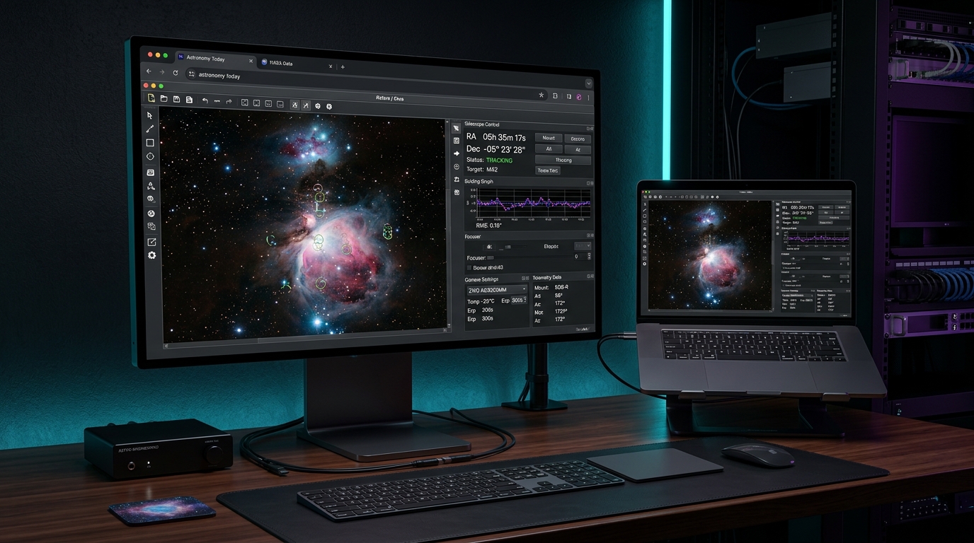 StarGazer Webserver Dashboard im Dark Mode auf Screen mit Telemetrie und Plate Solving